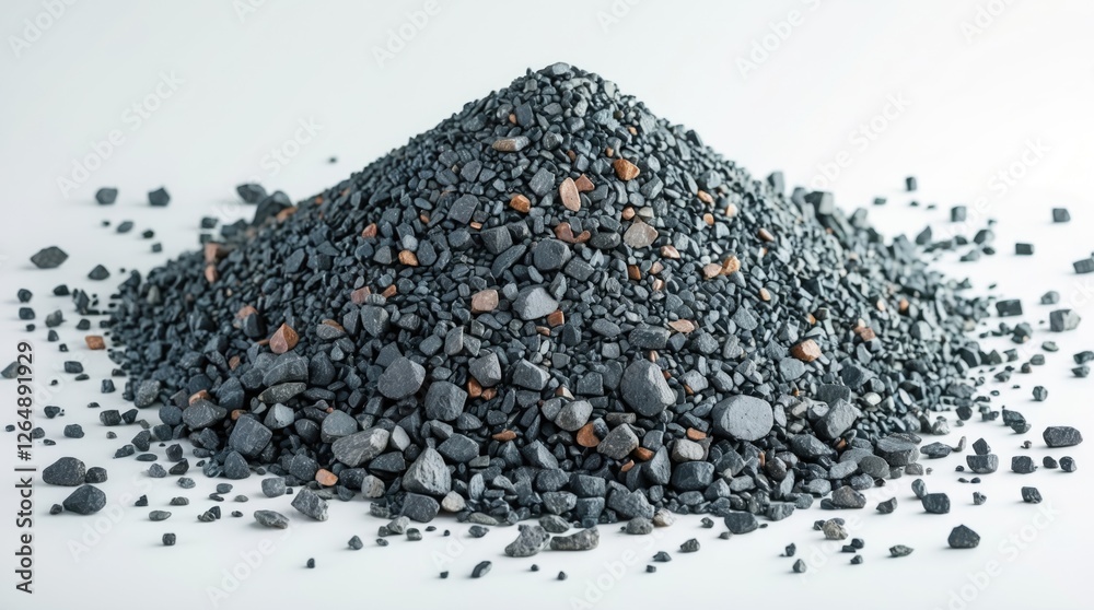Poster gray gravel pile with small stones on white background isolated with ample copy space for text.