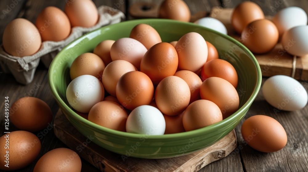 Aufkleber fresh assorted eggs in a green bowl on wooden table with carton and scattered eggs, rustic kitchen s