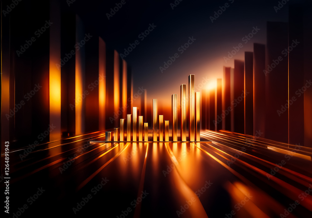 Leinwandbilder Abstract golden pillars stand tall and are illuminated by a bright light source. Reflections on the floor create a dynamic, modern, and abstract scene.