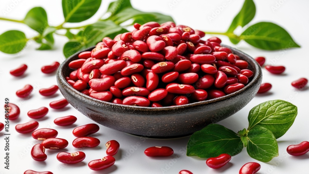 Aufkleber red kidney beans arranged in a rustic bowl surrounded by fresh green leaves with scattered beans and