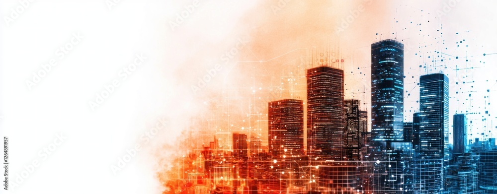 Aufkleber Abstract Cityscape with Digital Elements and Warm Color Palette Representing Technology and Modern Architecture