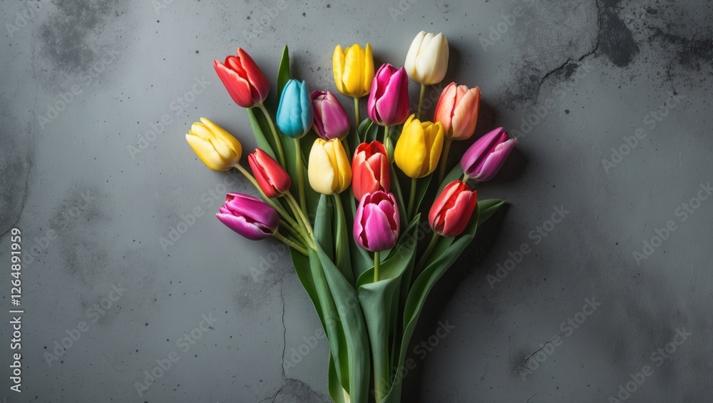 Aufkleber Colorful bouquet of tulips in various shades on a textured gray background with ample Copy Space for text placement