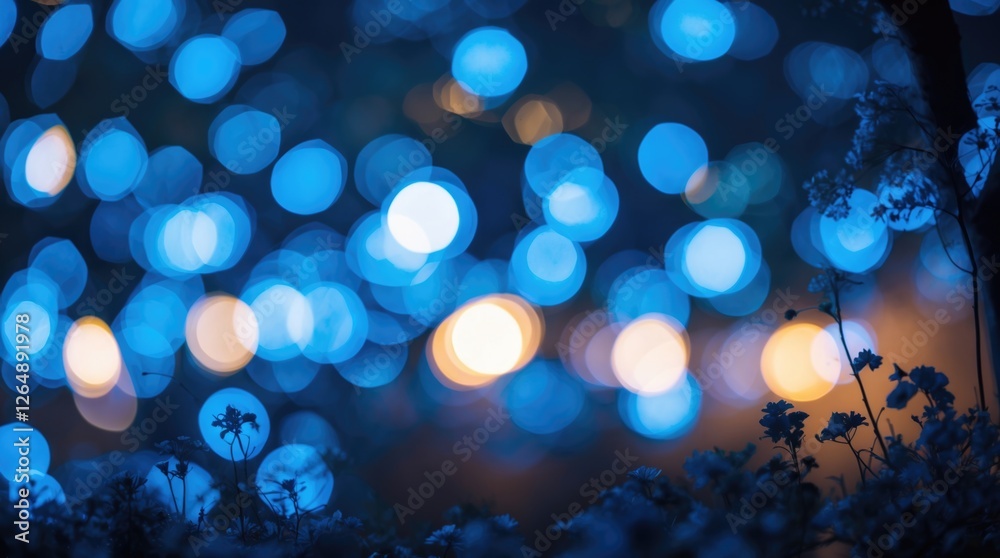 Fototapete Blue bokeh lights background with flowers in foreground creating a dreamy atmosphere with copy space.