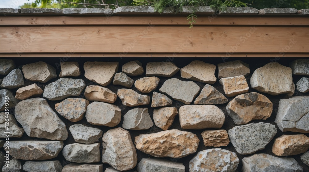 Poster stone wall with wooden top and natural texture featuring various sized rocks and pebbles for buildin
