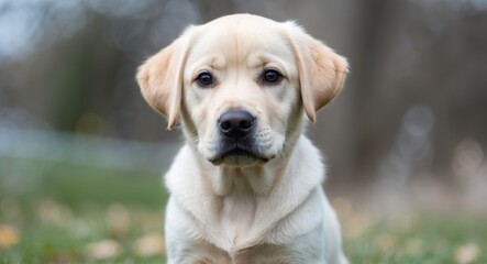 Labrador Retriever puppy portrait with soft focus background and green grass in outdoor setting, ideal for pet and animal themes. Copy Space