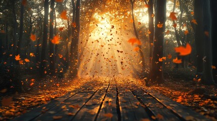 Naklejka premium Dynamic fall landscape, floating autumn foliage, rustic wood surface, filtered sunlight, forest silhouettes, warm orange tones, falling maple leaves, cinematic nature scene, professional photography,
