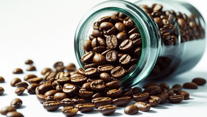 Glass jar with spilled roasted coffee beans on a white background with copy space for text
