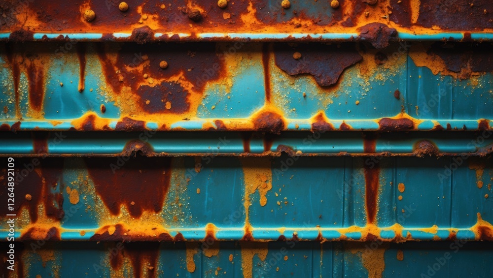 Poster rusty metal surface with vibrant turquoise and orange corrosion patterns, detailed texture and color