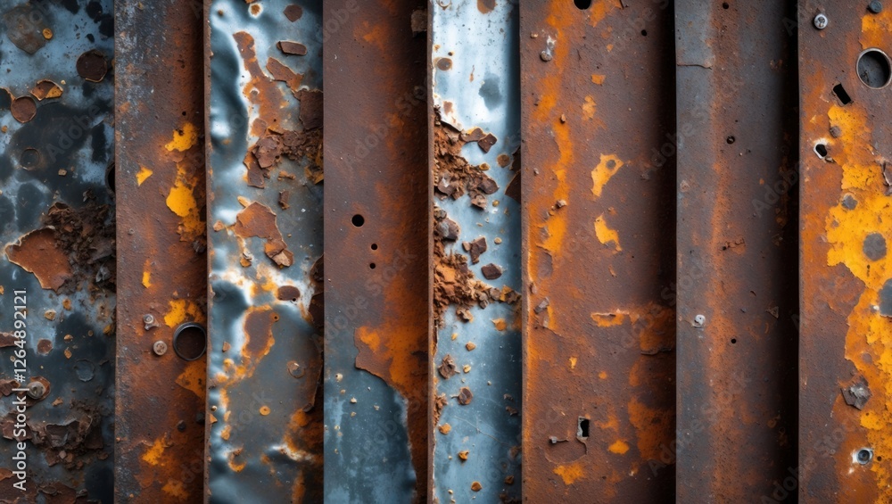 Poster rusty metal surface with peeling paint and corrosion patterns in various shades of orange and blue, 