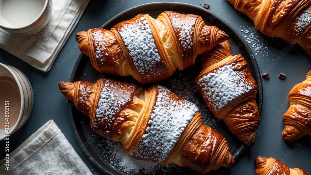 Poster freshly baked croissants topped with powdered sugar on a dark plate with coffee and cream in the bac