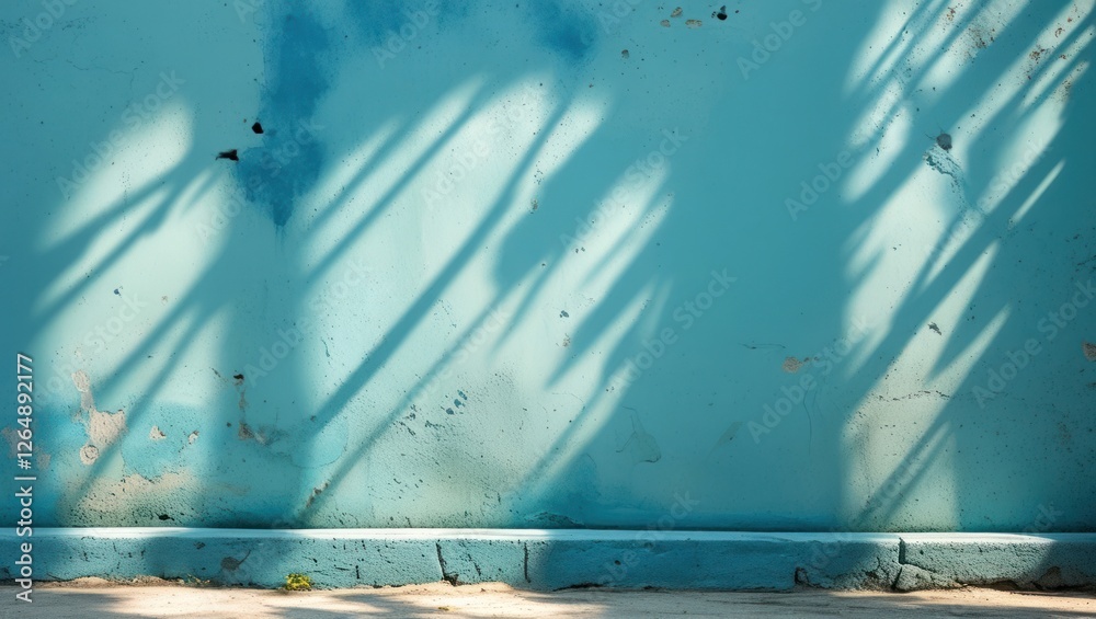 Aufkleber Textured turquoise wall with shadows of foliage creating pattern and depth Copy Space