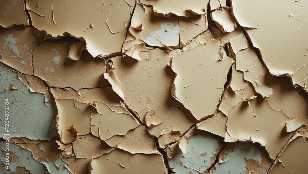 Aufkleber peeling paint texture on a wall with cracked and flaking surfaces in beige and light green tones, su