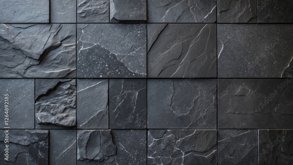 Poster Textured dark slate wall tiles arranged in a grid pattern with various shapes and colors. Copy Space.
