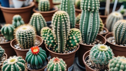 Variety of cacti in terracotta pots with colorful blooms, showcasing desert plants and textures, suitable for botanical themes, Copy Space