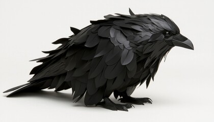 Sculpted black paper crow on white background for artistic or decorative purpose