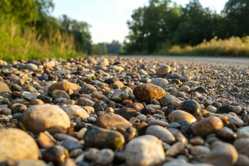 Obraz premium Gravel road at sunrise Rural landscape, nature, countryside; use background