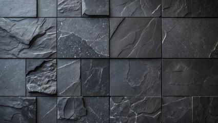 Textured dark slate wall tiles arranged in a grid pattern with various shapes and colors. Copy Space.