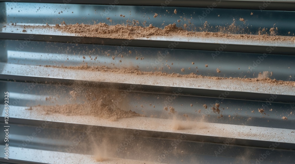 Aufkleber dust particles settling on metallic blinds with a blurred background and visible motion, copy space