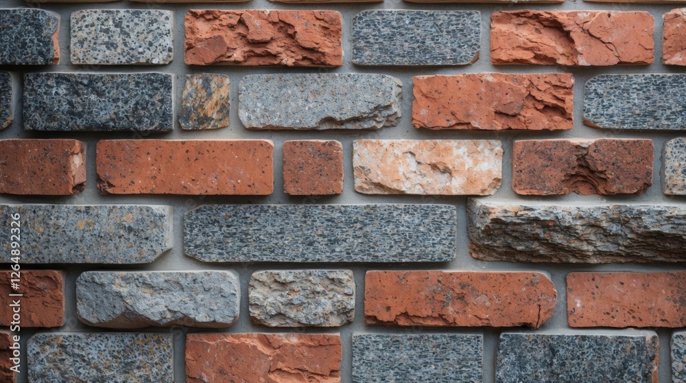 Poster Textured wall made of red and gray bricks arranged in a pattern with depth and variation Copy Space