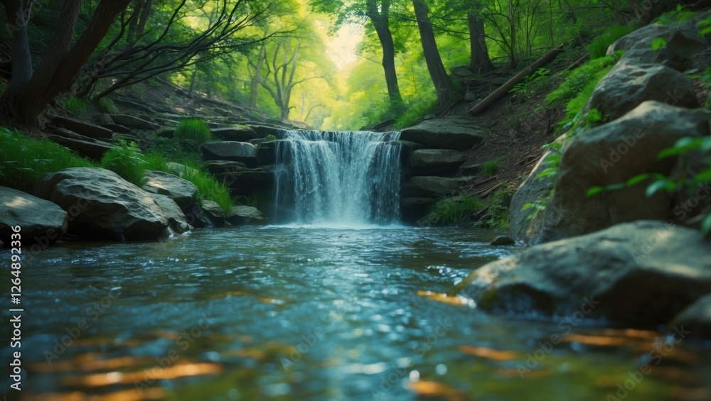 Poster Lush green forest landscape featuring a serene waterfall cascading into a calm river surrounded by rocks and trees with ample copy space.