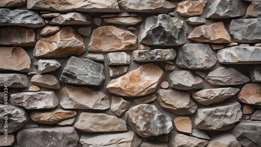 Poster textured stone wall background with various shapes and colors of rocks, neutral tones, suitable for 