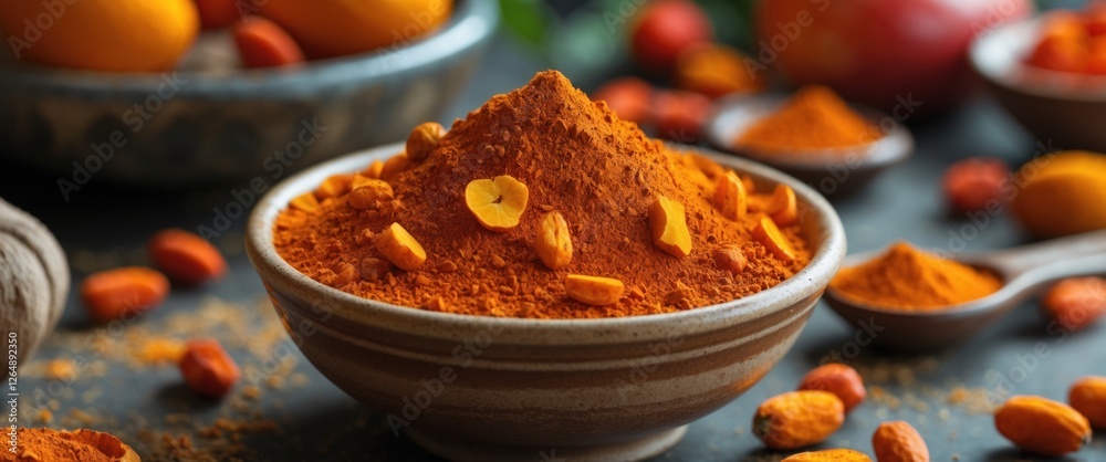 Poster bowl of turmeric powder with whole spices scattered around on a rustic table setting copy space