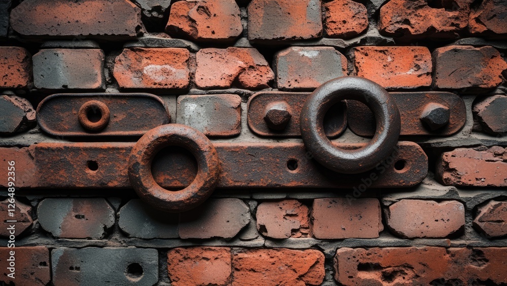 Poster Rusty metal elements on a textured brick wall background with varying shades of red and grey showing industrial design features Copy Space