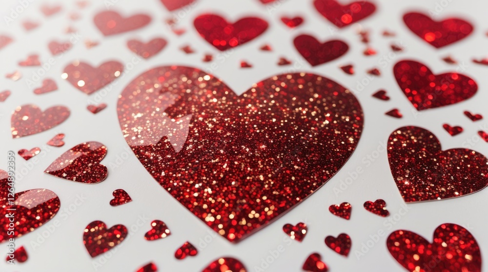 Poster Glittery red hearts on a white background creating a festive and romantic atmosphere with ample Copy Space for text placement