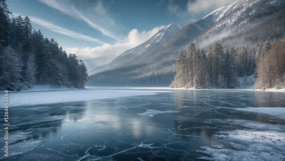 Poster frozen lake surrounded by mountains and pine trees with reflections on water and cloudy sky in winte