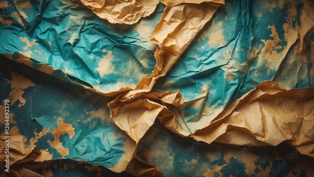 Poster Abstract textured background of crumpled blue and brown paper with distressed patterns and copy space for text placement.