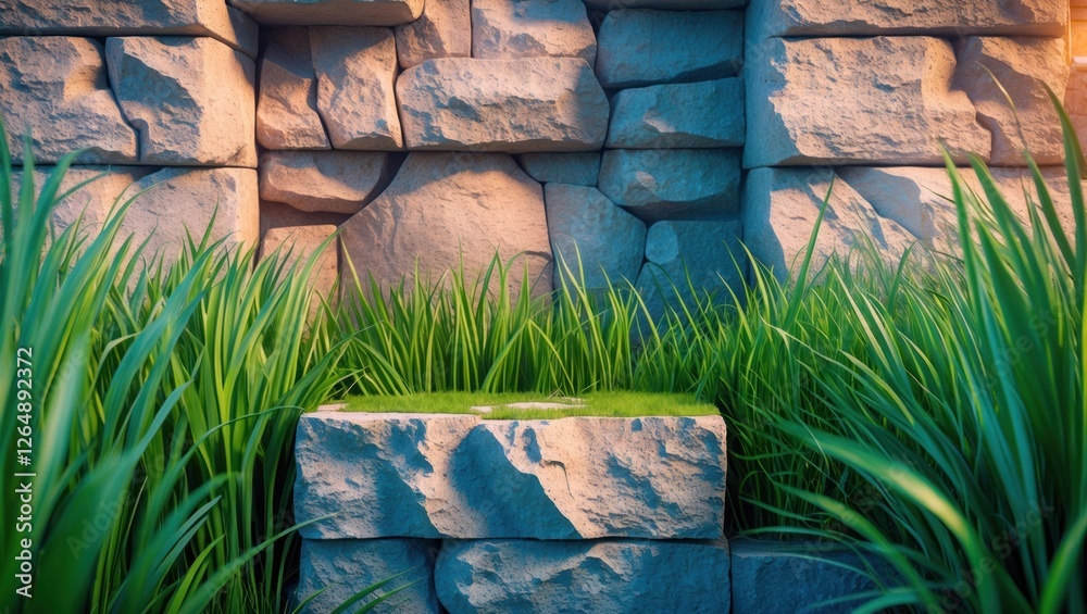 Aufkleber green grass against a textured stone wall with a stone platform in the foreground copy space