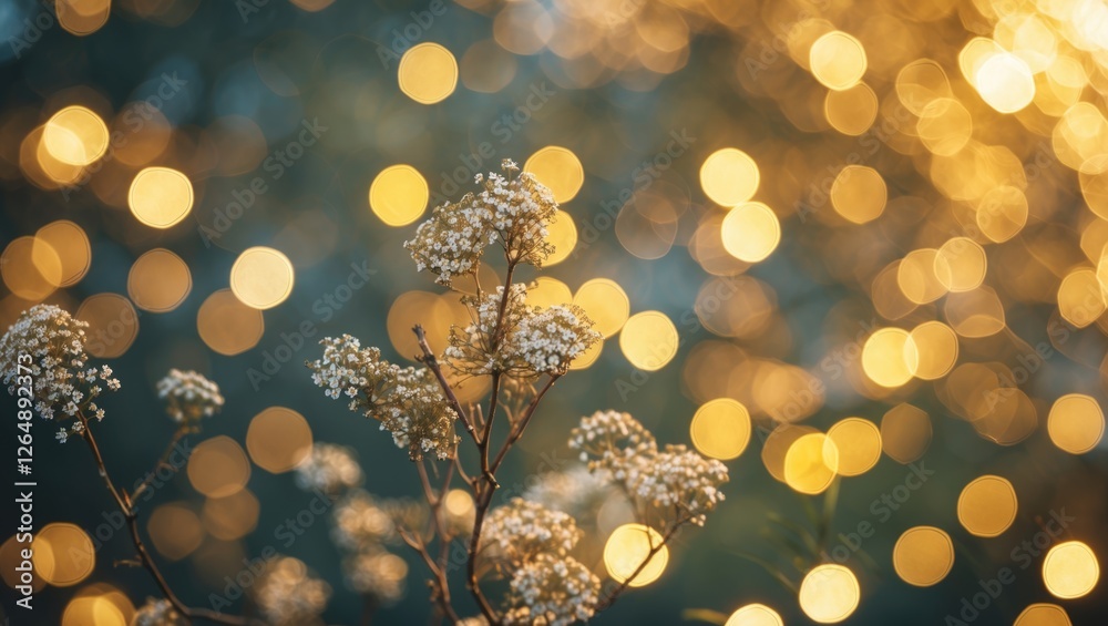 Poster close-up of delicate white flowers against a backdrop of warm glowing bokeh lights with soft focus. 