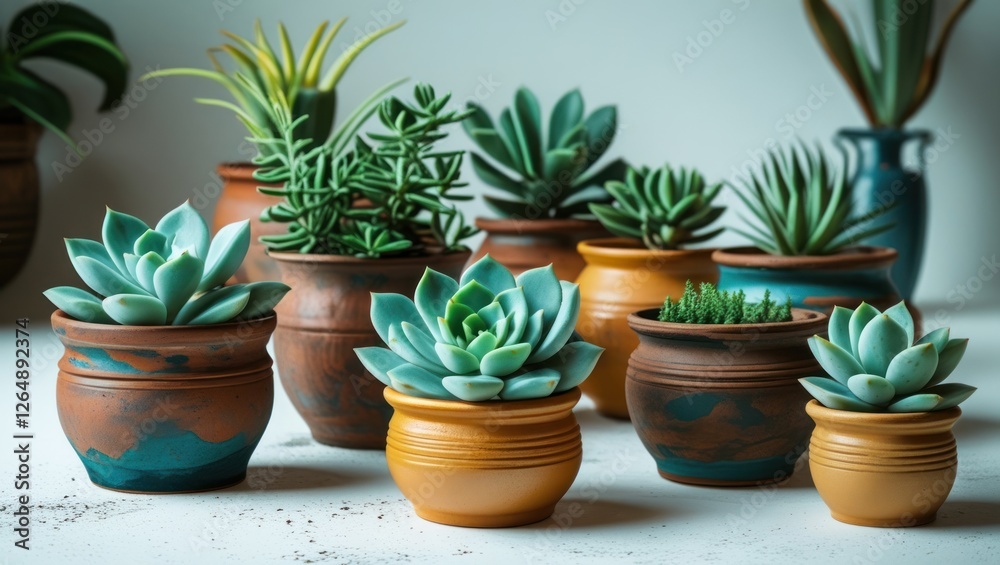 Poster variety of potted succulents and cacti in decorative terracotta pots on a light background with copy