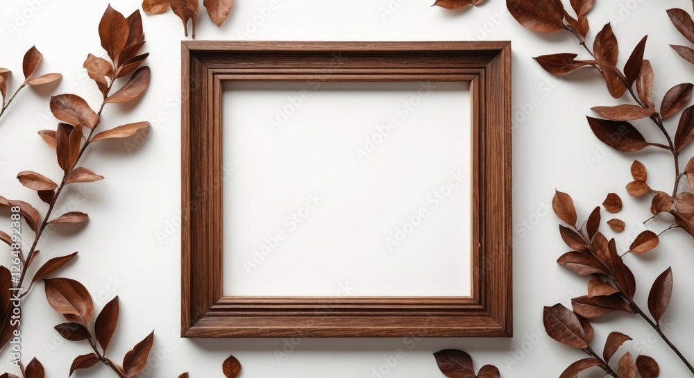 Poster wooden photo frame surrounded by dried leaves on a white background with copy space for text placeme
