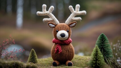 Fototapeta premium Crocheted deer figurine wearing a red scarf with antlers surrounded by miniature trees on a blurred forest background