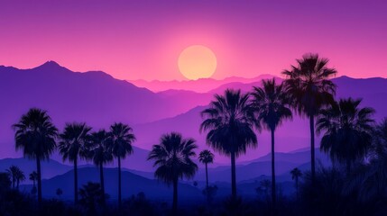 Naklejka premium Palm tree silhouettes landscape, gradient purple sunset sky, layered mountain ranges, glowing sun orb, tropical evening scene, palm-dotted hills, minimalist design, sunset color palette, atmospheric
