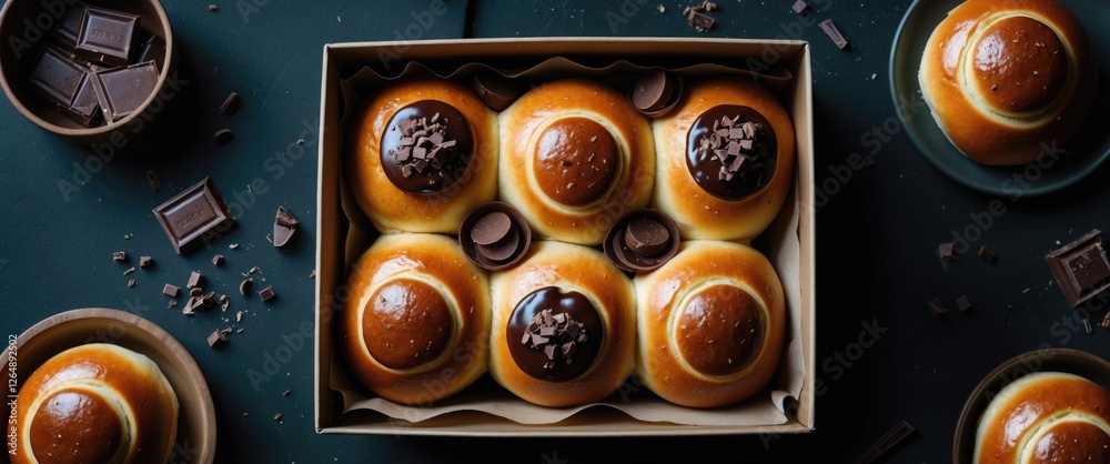Poster chocolate topped sweet buns in a box surrounded by chocolate pieces on a dark background with plates