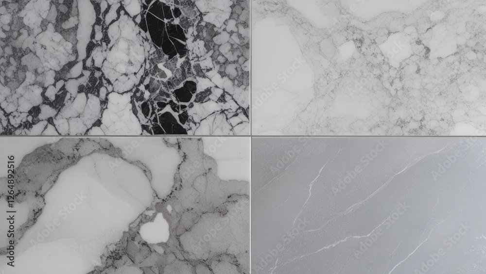 Poster collection of marble texture tiles in black, white, and gray shades with intricate patterns and vein
