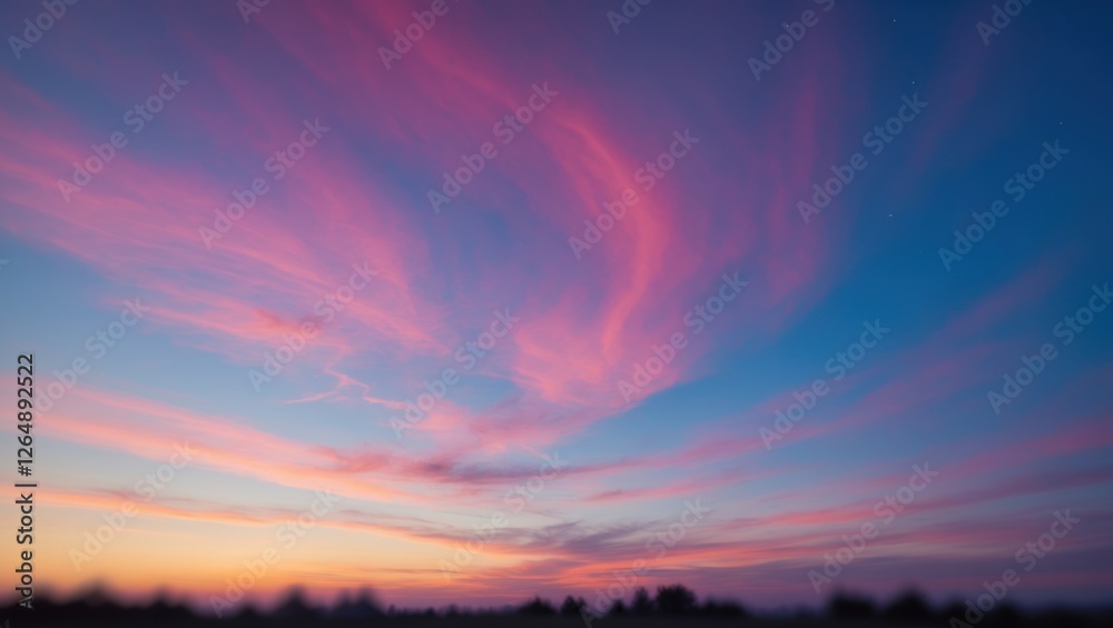 Poster vibrant pink and blue sunset sky with wispy clouds and gradient colors horizontal format with ample 