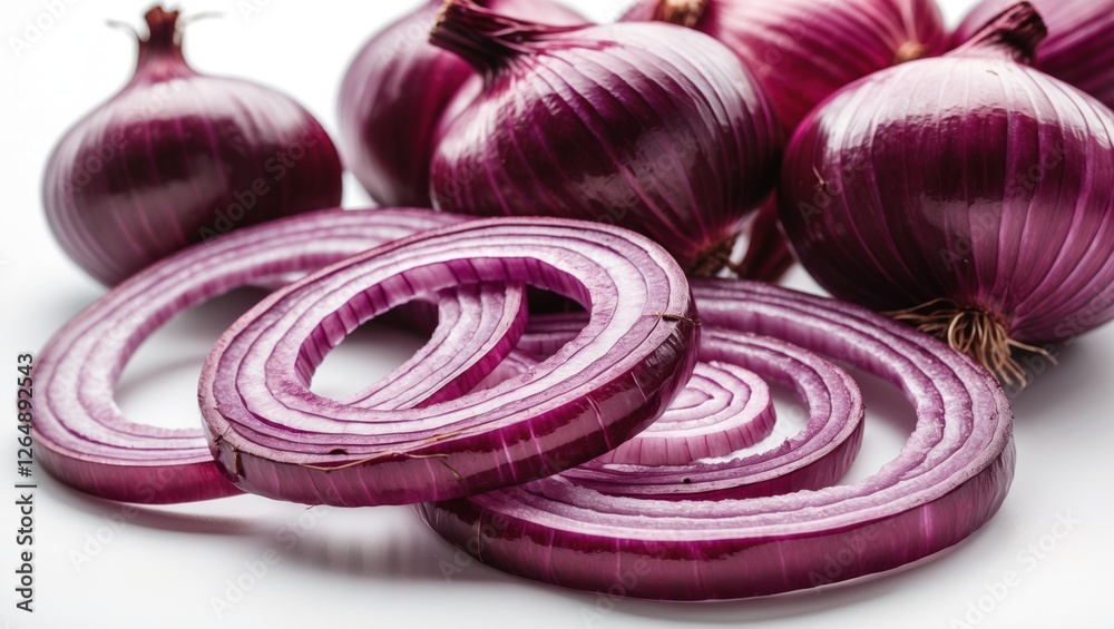 Leinwandbilder red onions whole and sliced on white background with copy space for text placement