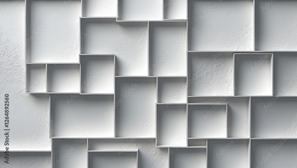 Aufkleber Abstract arrangement of white rectangular frames on a textured wall background with copy space for text placement.