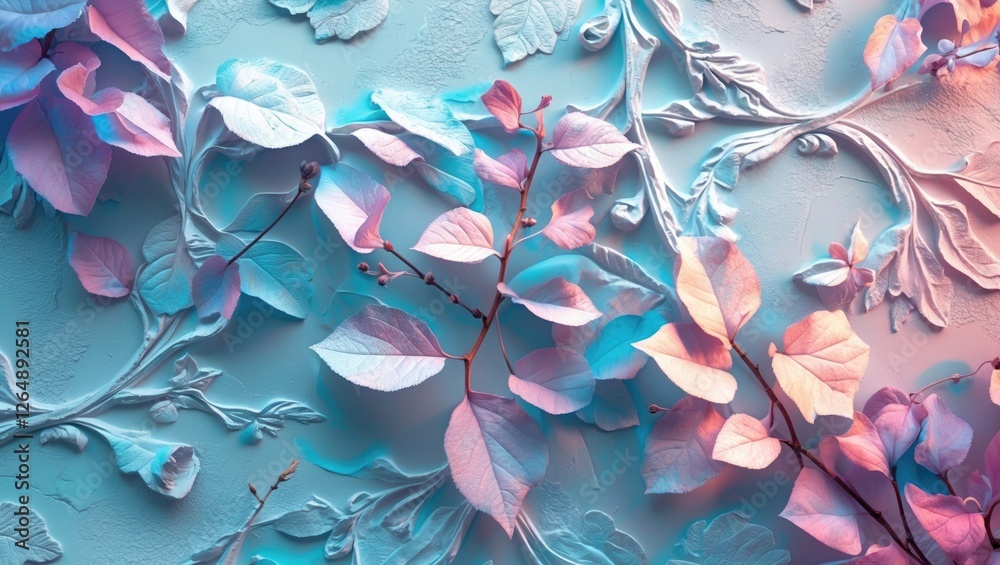 Poster pastel colored leaves and floral patterns embossed on a textured surface with soft lighting copy spa