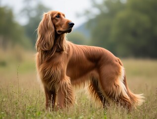 Elegant afghan hound standing gracefully in a field