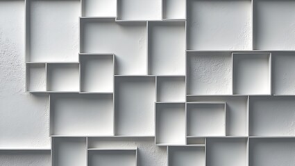 Obraz premium Abstract arrangement of white rectangular frames on a textured wall background with copy space for text placement.