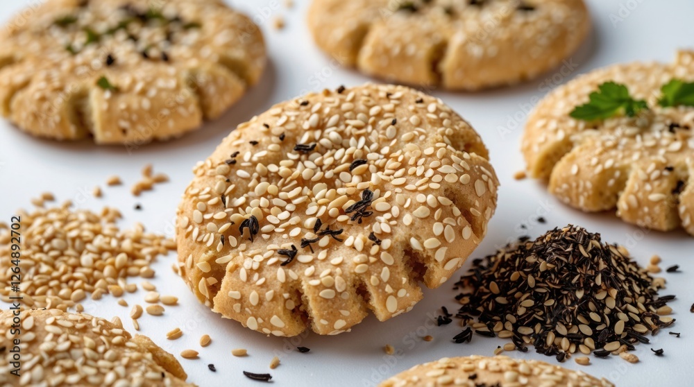 Poster sesame cookies with sprinkled sesame seeds and fresh herbs on a light background with scattered sesa