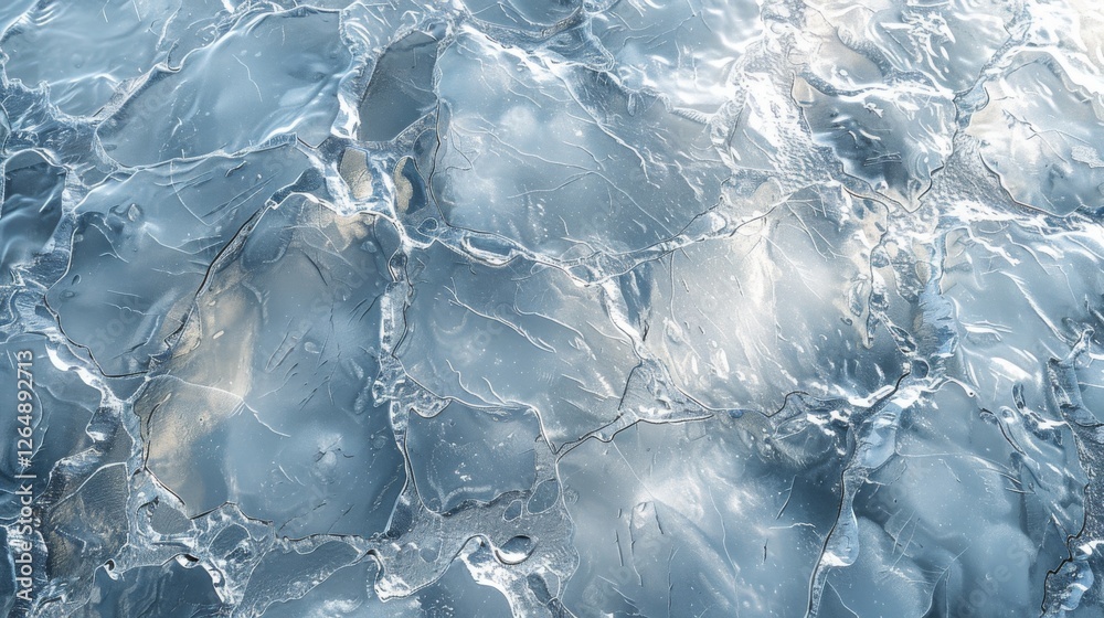 Poster frozen lake expanding under bright light, showcasing intricate patterns of cracks in the ice surface