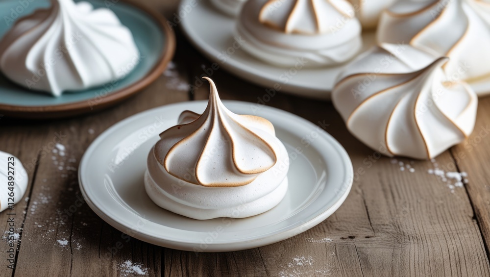 Poster Meringue cookies on a wooden table served on white plates with golden edges and copy space on the right for text insertion
