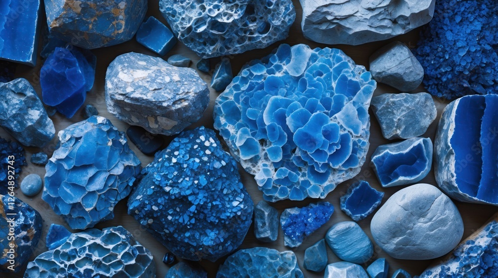 Poster Assorted collection of blue gemstones and minerals arranged on a flat surface with textures and patterns Copy Space