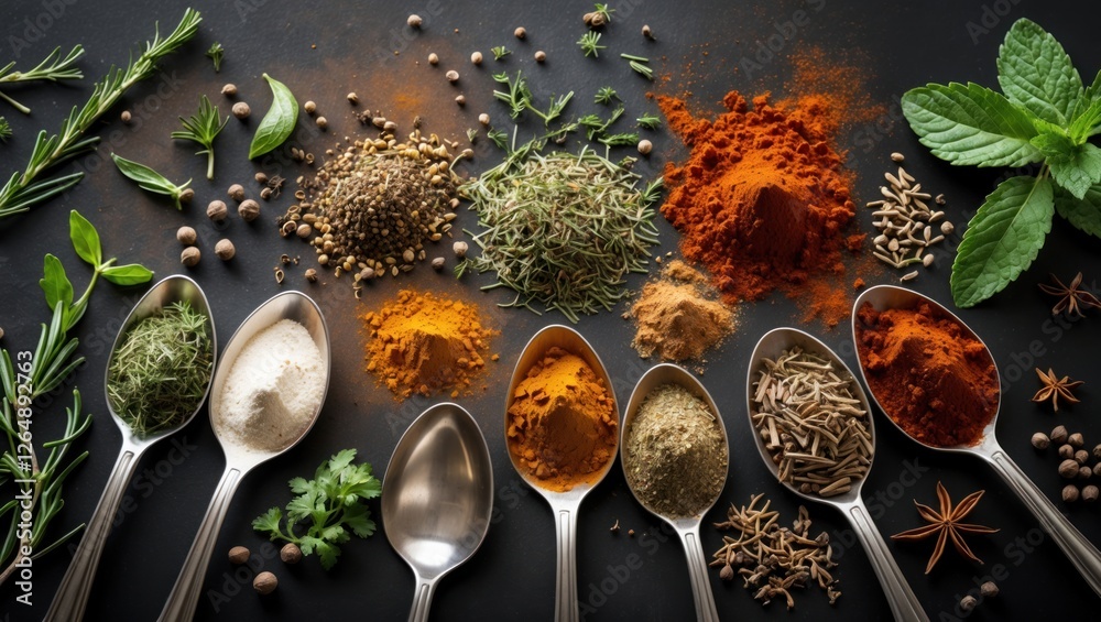 Poster Assorted spices and herbs in silver spoons on dark background with copy space for text