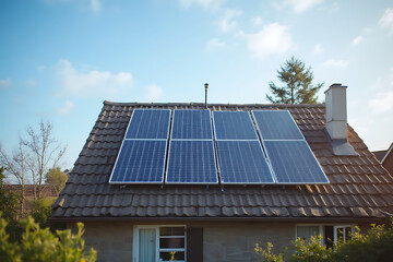 Fototapeta premium A house with a solar panel on the roof. The house is surrounded by trees and has a porch
